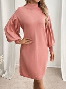 SHEIN LUNE 女士纯色高领灯笼袖宽松休闲毛衣连衣裙，秋冬 - 粉色 - 查看 1