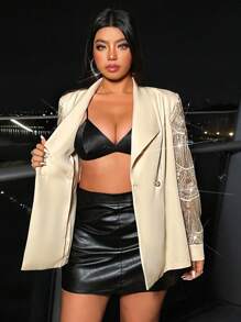 Allurite Elegant Plus Size Women's Shiny Sequin Patchwork Double-Breasted Long Sleeve Blazer Jacket, Suitable For Prom