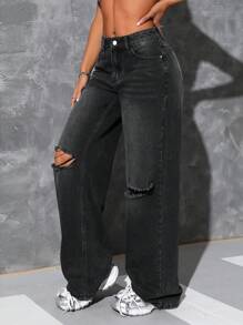 SHEIN ICON 女式口袋破洞阔腿宽松休闲百搭牛仔裤