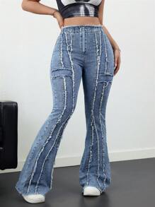 SHEIN Tall Women's Sexy Skinny Flare Leg Stretch Denim Jeans, Blue - Light Wash - View 4