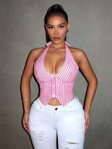 SHEIN SXY Áo croptop cổ yếm lệch vạt, sọc xanh hải quân, cài nút, gợi cảm, thích hợp cho kỳ nghỉ hè, đi biển, phong cách boho, tự hào, trang phục miền Tây, sinh nhật, tiệc độc thân, hòa nhạc, câu lạc bộ, lễ tốt nghiệp. - Đỏ và trắng - Xem 4