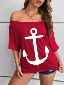 INAWLY 女士夏季锚印花露肩休闲 T 恤图案 T 恤女式上衣 - 紅色 - 查看 6