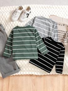 SHEIN Vintaside Kids 3 件装男婴休闲经典条纹柔软针织长袖百搭圆领上衣，适合外出、家居服和分层穿着，秋冬季 - 彩色 - 查看 2