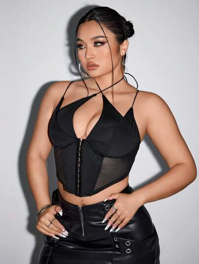SHEIN ICON Plus Size Contrast Mesh Crop Cami Black Corset Top, For Summer