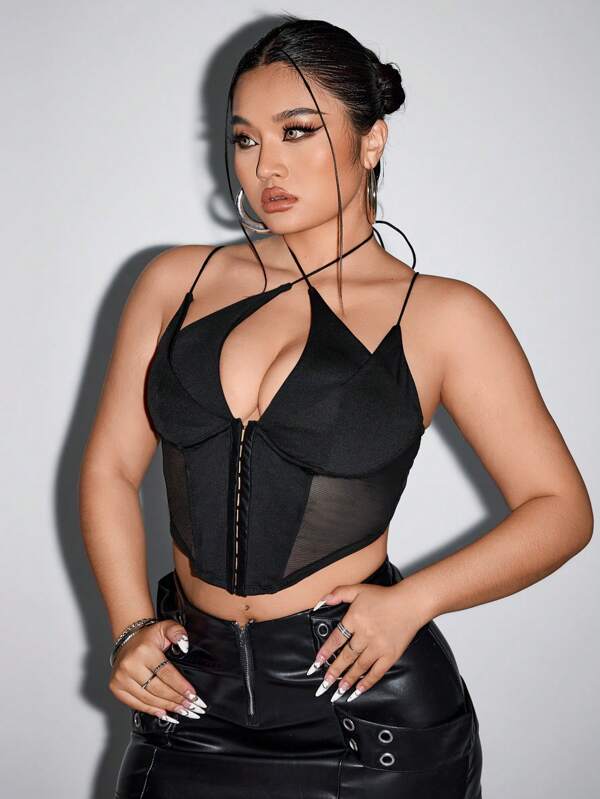 SHEIN ICON Top cu corset negru, cu plasă de contrast, mărimi Plus, pentru vară