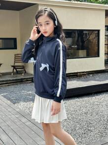 SHEIN Tween 女童海军蓝色半拉链运动衫，罗纹袖口和宽松白色 A 字裙两件套 - 藏蓝色 - 查看 3