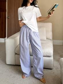 DAZY 简约 T 恤和条纹裤睡衣两件套休闲套装