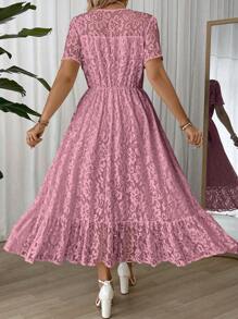 Cravure Plus Size Women Summer V-Neck Short Sleeve Lace Ruffle Hem Elegant Dress Maxi Women Outfit Wedding - Dusty Pink - View 2