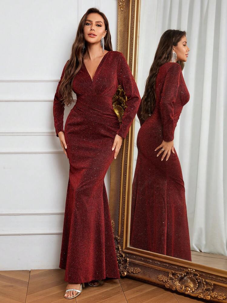 SHEIN Belle Vestido de noche estilo sirena con escote en V de color rojo burdeos brillante, de manga larga, vestido formal para fiesta de graduación, cena o invitado de boda - Burdeos - Añade 5