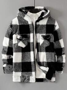 Áo khoác trùm đầu có khóa kéo lót Sherpa dành cho gia đình, áo khoác nỉ kẻ caro thường ngày, áo khoác ngoài bằng vải nhung ấm áp, rộng rãi, dành cho nam - Màu xám đen - Xem 1