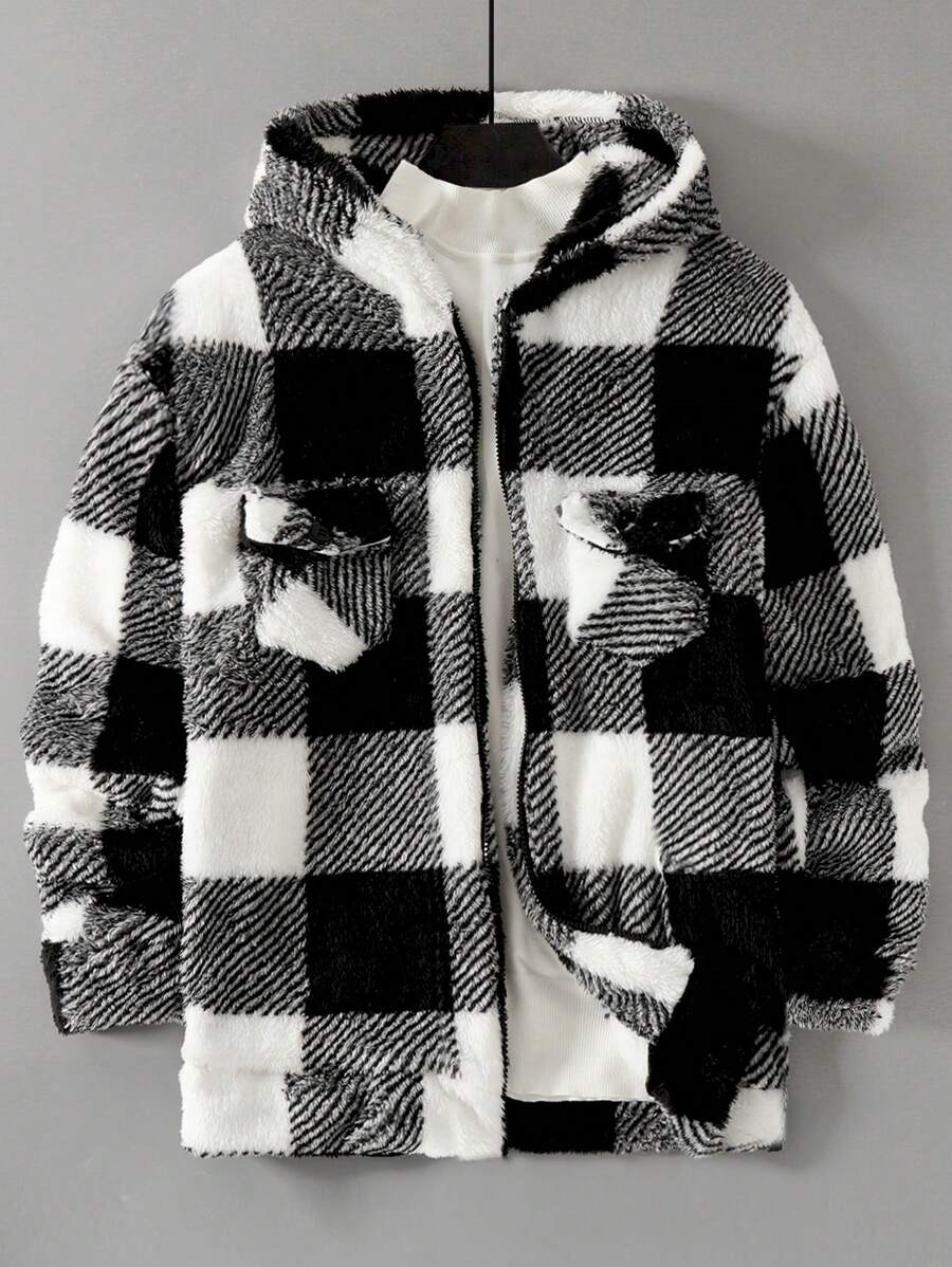 Áo khoác trùm đầu có khóa kéo lót Sherpa dành cho gia đình, áo khoác nỉ kẻ caro thường ngày, áo khoác ngoài bằng vải nhung ấm áp, rộng rãi, dành cho nam - Màu xám đen - Xem 1