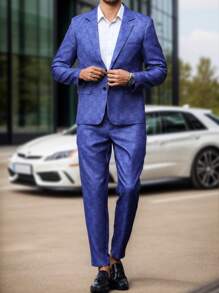 Manfinity Mode Men's Plaid Contrasting Textured Suit Two-Piece Suit, Notch Lapel Suit Jacket, Back Detail Split, Casual Suit Pants, Business Casual Autumn And Winter Suit - Navy Blue - View 4