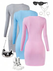 SHEIN 3 件装 女童 V 领前扣长袖迷你连衣裙 灰色、蓝色、粉色、休闲日常溜冰裙 - 彩色 - 查看 2