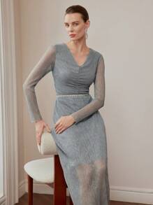 MOTF PREMIUM V-NECK RUCHED FRONT PLISSE DRESS WITHOUT CHAIN BELT