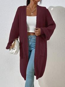 Chiquease 纯色简约长袖开衫，带口袋，长袖上衣 - 紫紅色 - 查看 4