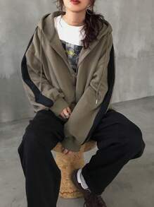 FRIFUL Áo khoác trùm đầu rộng rãi màu tương phản dành cho nữ - Màu Khaki - Xem 2