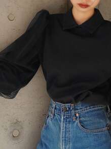FRIFUL Women's Spring And Summer Solid Color Collared Loose Contrast Mesh Black Blouse,Long Sleeve Tops,Fall Women Clothes