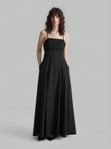 Ontre Black Fabric Splicing Spaghetti Strap Flared Hem Evening Formal Dress - Black - View 1