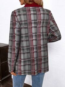SHEIN Clasi Women's Red Color Block Plaid Lapel Blazer - Multicolor - View 2