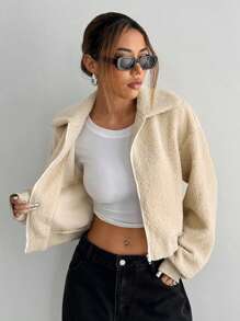 SHEIN Unity Women's Casual Solid Color Fleece Cropped Jacket, Autumn & Winter - Khaki - View 5