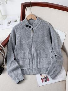 青少年女孩休闲翻领口袋开衫，秋季 - 銀色 - 查看 1