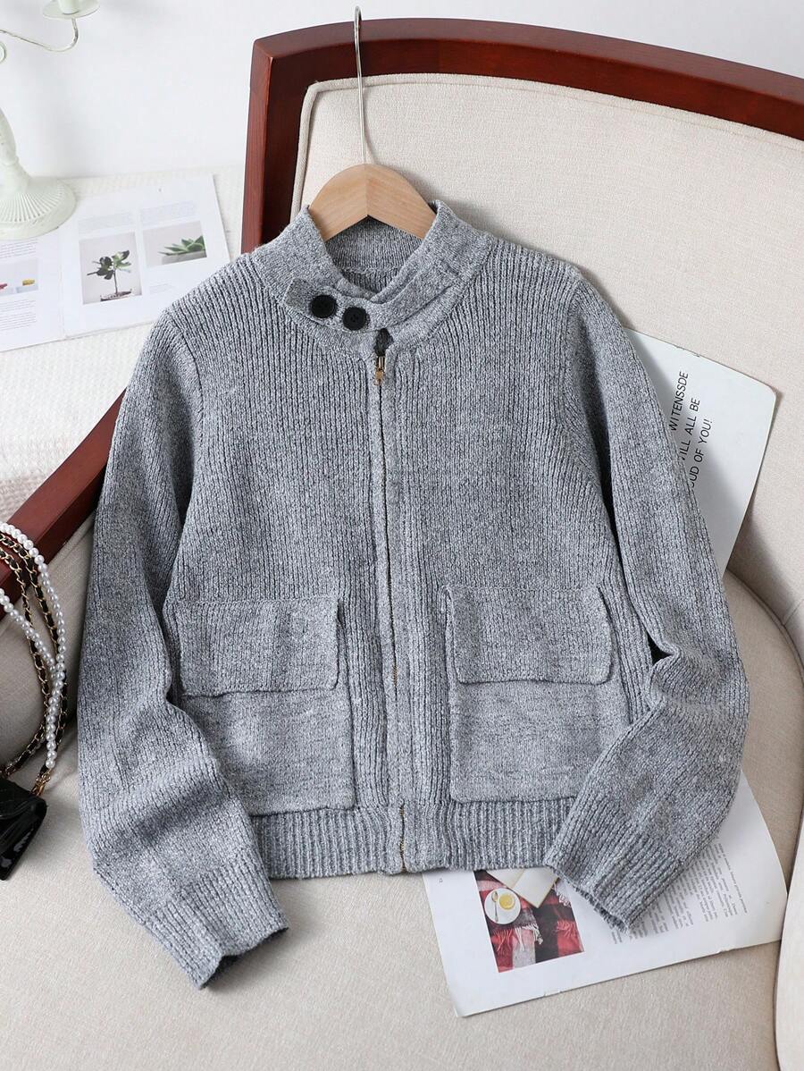 青少年女孩休闲翻领口袋开衫，秋季 - 銀色 - 查看 1