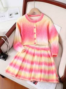 SHEIN Tween Girl Casual Ombre Cardigan And Skirt 2-Piece Set, Autumn/Winter - Multicolor - View 1