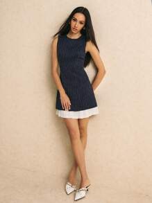 Poéselle Women's Navy Striped Contrast Hem Dress Work Dress