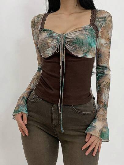 DAZY 女士纯色拼接前系带长袖心形领休闲衬衫