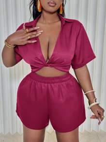Slaydiva Plus Size V-Neck Loose Fit Vacation Shorts Set, Pink - 2pcs - Hot Pink - View 1