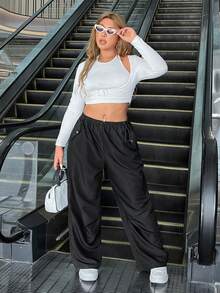 CovetEZ Pantalon décontracté de grande taille, couleur unie, taille avec cordon de serrage - Noir - Voir 4