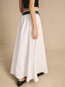 Poéselle Women's White Long Skirt With Belts Solid Color Pleated A-Line Skirt, Casual Daily Wear