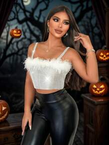 Zolique 女士夏季时尚毛皮拼接水钻露背短款吊带背心 - 銀色 - 查看 7