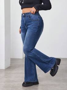 SHEIN EZwear Plus Size Women's Pockets Design Flare Casual Versatile Jeans - Blue - View 6