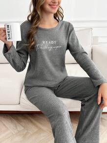 RueChic 100% Cotton 2Pcs  Injection Slogan Printed Homewear Set - Grey - View 4