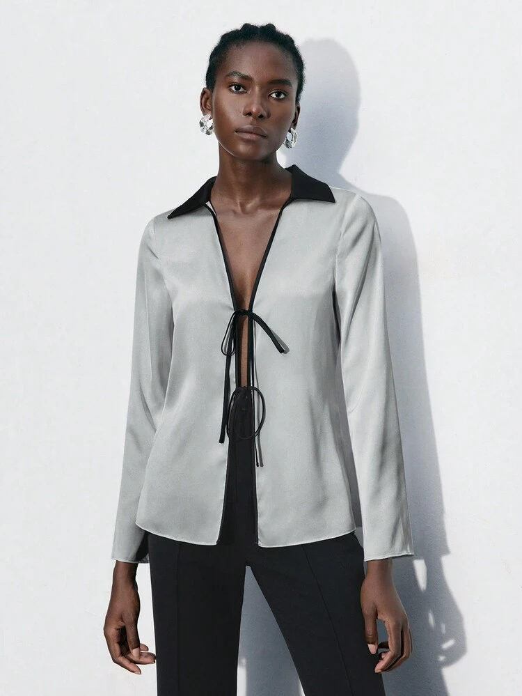SHEIN Maija Women's Colorblock Lapel Long Sleeve Tie Front Casual Blouse, Spring Summer
