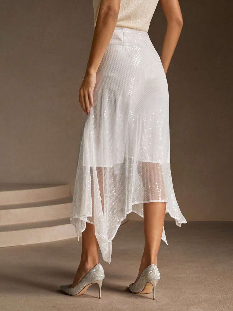 Spring&Summer Elegant Sequins Asymmetric Hem Skirt