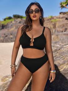 SHEIN Swim Curve 大码时尚特殊面料补充两件套比基尼泳装套装夏季 - 黑色 - 查看 3