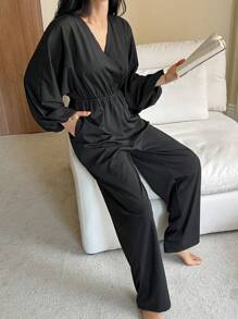 DAZY Waisted Lapel Puff Sleeve Elegant Jumpsuit Pajama - Black - View 5