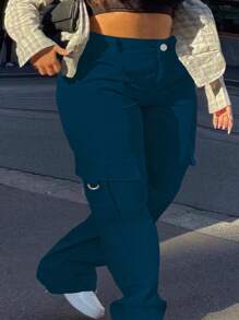 Pantalones cargo casuales con botones delanteros en unicolor para talla grande - Azul Marino - Ver 3