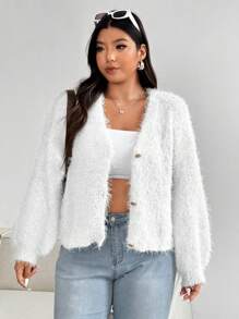 Flirla Plus Size V-Neck Casual Solid Color Sweater Cardigan, Fall - White - View 7