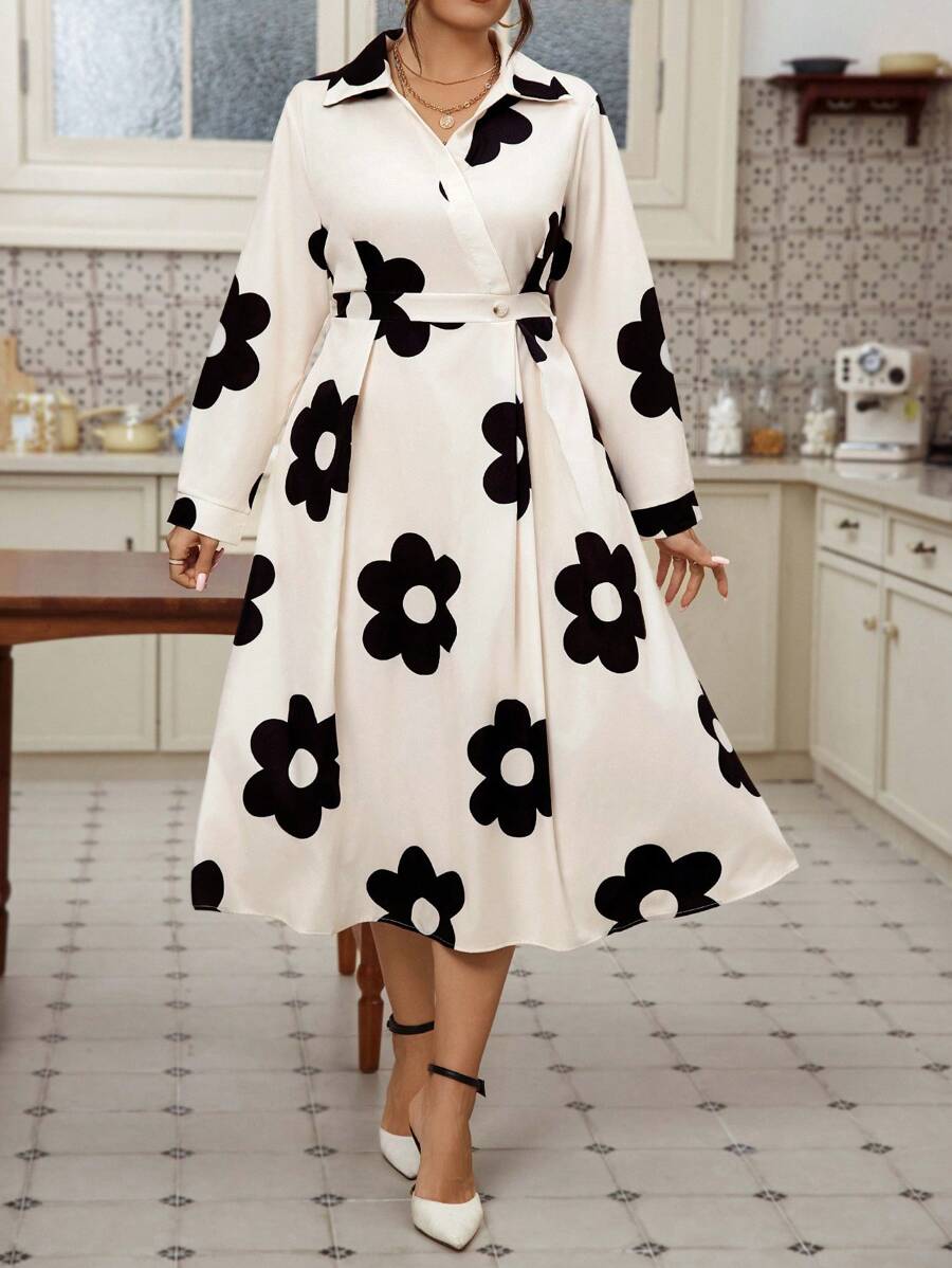 SHEIN Unity Plus Size Full Floral Print Button Front Long Sleeve Dress, Assorted Prints Maxi Women Outfit - Apricot - View 1