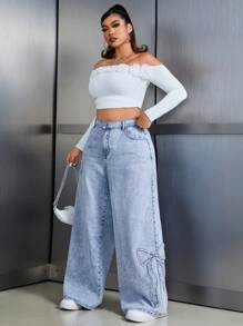 SHEIN ICON 大码休闲水洗蝴蝶结磨边阔腿牛仔裤 - 淺色水洗藍 - 查看 3