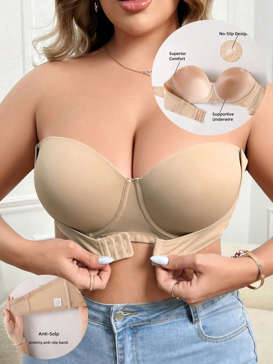 SHEIN Bralette de bandeaux con varillas cómodas de unicolor para mujer de talla grande - Albaricoque - Ver 1