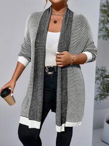 Calvaya Plus Size Women's Colorblock Casual Long Sleeve Cardigan - Black and White - View 4