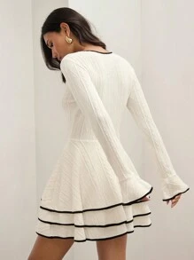 COSMINA Women's Casual Patchwork Trim Layered Hem Old Money Style Elegant Dress, Fall And Winter