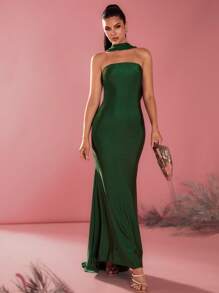 Glamine 绿色修身缎面领口露背后摆领前抹胸优雅迷人的鱼尾长款舞会舞会礼服