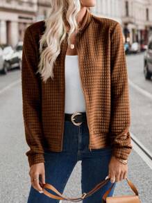SHEIN LUNE Women's Solid Color Long Sleeve Loose Casual Baseball Jacket For Spring And Autumn Fall Winter Cloth For Women - Brown - View 6