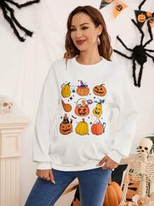 SHEIN Maternity Pumpkin Pattern Round Neck Sweatshirt Long Sleeve, Autumn, For Winter - White - View 5