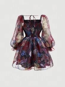 SHEIN MOD 大码复古黑色花卉印花泡泡袖荷叶边下摆中长连衣裙，优雅公主风连衣裙，生日派对连衣裙 - 彩色 - 查看 2